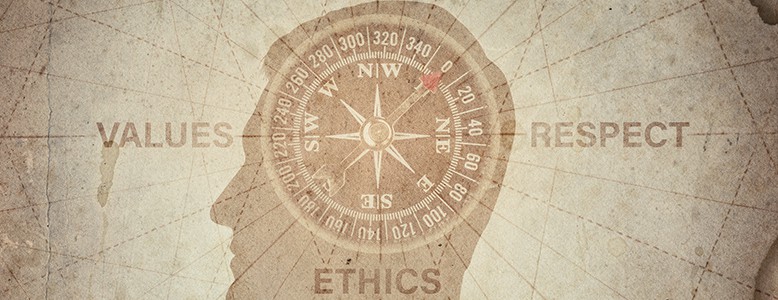 Human head and compass points to the ethics, integrity, values, Human head and compass points to the ethics, integrity, values, respect. The concept on the topic of business, trust, psychology etc.