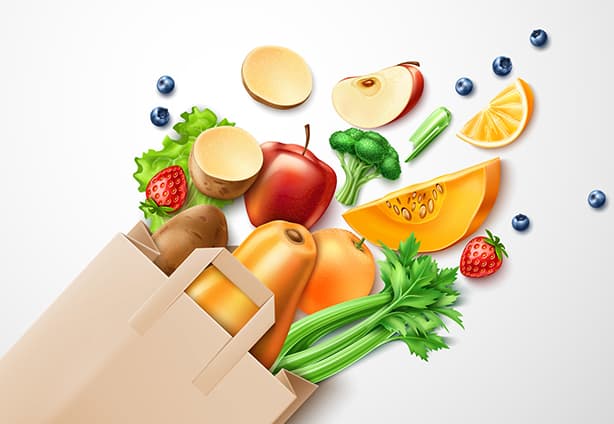 Vector healthy food, organic fruit in shopping bag Healthy food from organic shop, farm market concept. Realistic vegetables, vector fruits from paper shopping bag. Broccoli, pumpkin, apple slice strawberry and blueberry, celery and salad orange slice